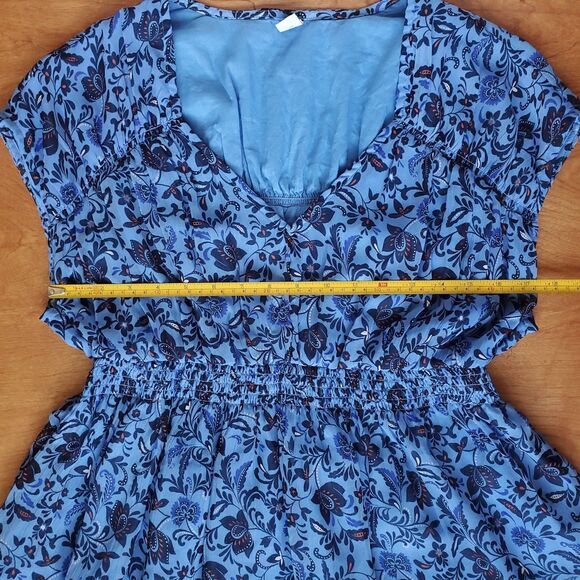 Old Navy Waist Defined Printed Dolman Sleeve Top Size M Blue Floral Ruched - Picture 8 of 10